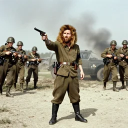 Lionel Messi with a gun in world war 2, wide shot full body vintage photograph