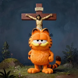 “ garfield the cat on the cross in the painting ‘ christ crucified ’ by diego velazquez ”