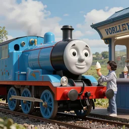 Mecha Thomas the Tank Engine buying an ice cream from a kiosk, realistic octane render,
