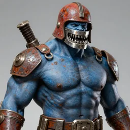 solid thick super muscly male portrait, rusty red helmet, large metal jaw, trap jaw from he - man, blue skin, ultra realistic, intricate details, looper artifacts, half cyborg, highly detailed by peter mohrbacher, allen williams, hajime sorayama, wayne barlowe, boris vallejo, aaron horkey, gaston bussiere, craig mullins