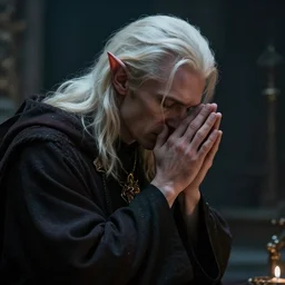 dramatic masterpiece Greg Rutkowski male Aasimar cleric with platinum blonde hair praying amidst sorrow, realistic, cinematic lighting, WLOP, dungeons and dragons