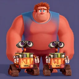 2d character concept art composed of Dysney's Wreck It Ralph and Pixar's Wall-e, drawn in the style of classical Disney animation, cell shading, digital painting, Dave Rapoza