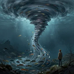 tornado made of thousand fishes underwater string waterflow illustration artwork cgart trending on artstation by jean giraud Ben Aronson and Edward Hopper and Syd Mead many details detailed cinematic