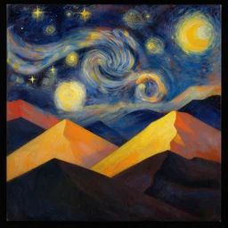 ♥ in the mountains, the striking night sky and stars, simple elegant mountains on a beautiful sky, an abstract set of large shapes, colorful, warm contrasting colors, painterly, detailed painting of a landscape, extremely high detail, brush strokes, top view, black background, illustration by ross tran and leonardo da vinci