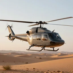 Bell UH-1 Helicopter flying over the desert at dawn high detail realistic octane render accurate