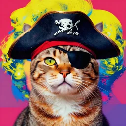 extreme wide shot of a pirate cat, wearing an eye patch, pop surrealism, pop art, digital art. by Andy Warhol, wide shot, 4K, trending on artstation
