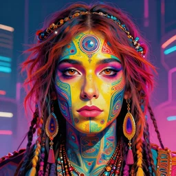 colorful detailed portrait of a hippie, set in the future 2 1 5 0 | highly detailed face | very intricate | symmetrical | professional model | cinematic lighting | award - winning | painted by mandy jurgens | pan futurism, dystopian, bold colors, cyberpunk, groovy vibe, anime aesthestic | featured on artstation