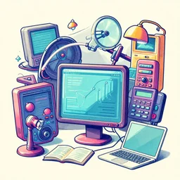 vintage colored detailed illustration of technology and business, neon colors