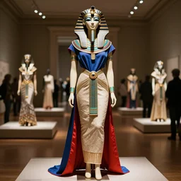 the film still photographed image is a haute couture ensemble from the 1 9 3 0 s. the outfit ensemble is inspired by the egyptian goddess ma'at. it is displayed on a mannequin in a museum exhibit. vibrant cinematography, anamorphic lenses, upscale, hyper realistic photo, crisp, detailed image in 8 k resolution.