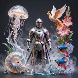 3 d close - up macro portrait of knight god in midsommar style surrounded by smoke and water energy flow mixed with jellyfish phoenix bird giant hybiscus flower and giant gladiola betta fish, intricate, elegant. translucent nautilus, highly detailed, by wlop, tooth wu, greg rutkowski, alena aenami