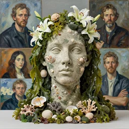 a sculpture portrait made of seaweed and coral and shells and lilies, painting part by wojciech siudmak, part by ilya repin, part by max ernst, part by norman rockwell, artstation