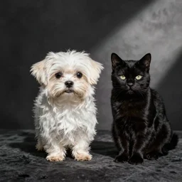 a maltese dog and a black cat