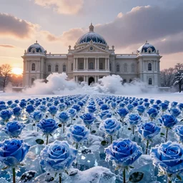 The palace does not fall in a huge avalanche, snow, winter, movies, tree clouds, ice everywhere, freezing, a lot of blue roses in the ice, frozen roses, octane rendering, surreal, 8k, dusk, sunset