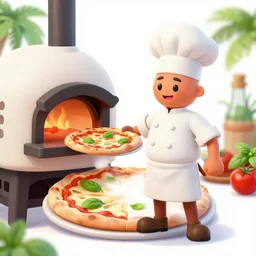 a tomato and basil character as a pizza chef serving pizza from a wood fired pizza oven on a tropical beach, sunset, ultra realistic refractions, extremely detailed 3 d render, octane render, octane, ray tracing, evening sky, 4 k, pixar
