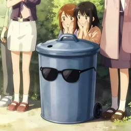full view, from a distance, of an anthropomorphic trashcan wearing sunglasses, style of yoshii chie and hikari shimoda and martine johanna, highly detailed