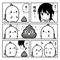manga style, black and white manga, multi - panel kawaii stoic manga, cute dinosaure and poop, by gen urobuchi and yuyuko takemiya, kawaii shoujo manga, cute manga style 4 koma, four panel