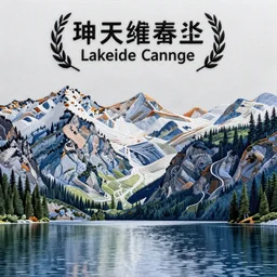 lakeside mountains, embroidery