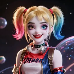 lofi biopunk portrait of harley quinn in space, Pixar style, by Tristan Eaton Stanley Artgerm and Tom Bagshaw.