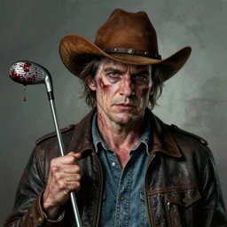 portrait painting tallahassee woody harrelson from zombieland with a cowboy hat and bloody golf club, ultra realistic, concept art, intricate details, eerie, highly detailed, photorealistic, octane render, 8 k, unreal engine. art by artgerm and greg rutkowski and alphonse mucha
