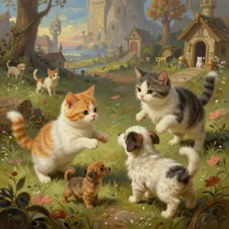 painted closeup of fantasy battlefield, cute cats fighting cute puppies, fantasy intricate elegant extremely detailed digital painting trending artstation concept art sharp focus illustration art by gustave courbet greg rutkowski craig mullins