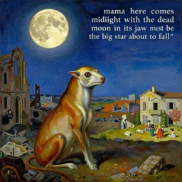 bright dramatic lighting colorful surrealist oil painting titled'mama here comes midnight with the dead moon in its jaws must be the big star about to fall ', magical realism symbolist, ruined city landscape with hybrid animal protagonist, painted by salvador dali and hieronymous bosch and max ernst, shocking detail trending on artstation 8 k