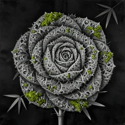 ancient fractal rose, by kiki smith, by maria sibylla merian, by wangechi mutu, chinese painting, concept art, third - person, 3 - dimensional, 1 6 k, moss, bamboo, black silk papet, insanely detailed and intricate, hypermaximalist, elegant, ornate, hyper realistic, super detailed