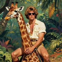a greeting carton man sitting on a giraffe with sunglasses, jungle background with colorful flora, by mordillo, comic style, 1980s
