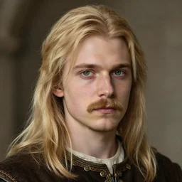 half - length portrait of a 3 5 - year - old human male noble with long blonde hair and green eyes, mustache, no beard, medieval setting, detailed face, highly detailed, artstation, concept art, sharp focus, by greg rutkowski, craig mullins, kenne gregoire