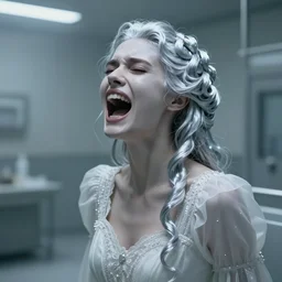cinestill 5 0 d portrait of a beautiful dreamy woman screaming in a dystopian mental hosptital room, pale silver tonal glossy, hair intricate style, wearing white dress, elegant, highly detailed, soft foggy blur, artstation, sharp focus, head in focus,