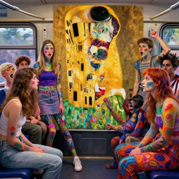 teens on the train making trouble, psychedelic, patterned skin, trending on artstation, photorealism, vibrant colors, digital art, in the style of harumi hironaka, gustav klimt, egon schiele, coby whitmore, david bates, monet, lisa frank, picasso, octane render.