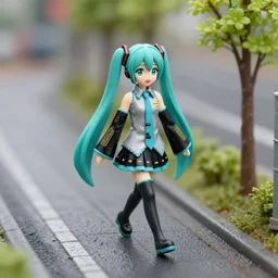 hatsune miku walking on a rainy sidewalk, diorama macro photography, stop - motion