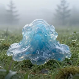 render of one huge fantasy transparent translucent bluish slime in the meadow. fantasy, high details, masterpiece, cgsociety, octane render, 8 k, volumetric lighting, photorealism, translucent raytracing, fog, artstation contest winner, matte painting by simon stalenhag