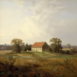 A serene landscape with a singular building in the style of Caspar David Friedrich.