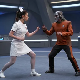 nurse chapel from strange new worlds fighting a Klingon