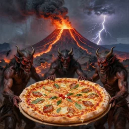 masked demons grabbing a large pizza!!!, in the background is a volcano spewing lava and black smoke, streams of glowing hot lava, flashes of lightning in the distance. wide angle, long shot, an ultrafine detailed painting by albert bierstadt and mœbius and peter mohrbacher, deviantart, pop surrealism