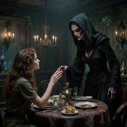 a strange creature greeting a female explorer in a dining room, haunted house, rhads!!!, magical realism, urban fantasy, a hooded figure, a fierce woman, ( h. r. giger )
