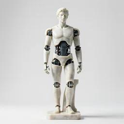 marble statue of a man, robotic elements, white background, studio lighting, professional photo