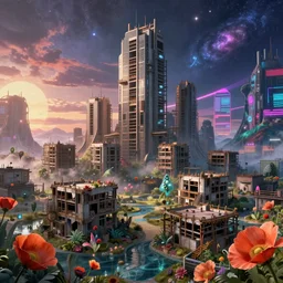 a beautiful hyperdetailed render of urbex industrial architecture village unfinished building city architecture by kengo kuma, water cosmic atlantis nature at dawn cyberpunk retrowave nightsky apocalyptic at dusk retro galactic poppy hyperrealism fisheye tron sci - fi wilderness, archdaily, wallpaper, highly detailed, trending on artstation.