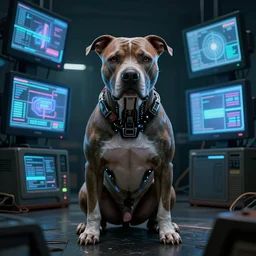 cyborg - pitbull, surrounded by screens, in 2 0 0 1, y 2 k cybercore, industrial low - light photography, still from a ridley scott movie