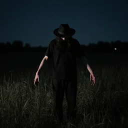 ominous person with extra long arms and black hat looking down standing alone in a dark field at night realistic photo fujifilm canon eos nvidia octane illumination
