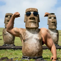 A photo of Moai with Muscles Wearing Sunglasses