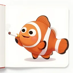 clownfish smiling while holding a cigarette, from a kid's book, cartoon illustration