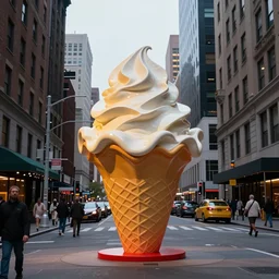 a photograph of a giant ice cream sundae sculpture in the center of a new york street, by Claes Oldenburg, pop art, 3D render, Volumetric dynamic lighting, Highly Detailed, Cinematic Lighting, Unreal Engine, 8k, HD