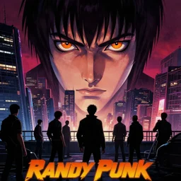 movie poster for randypunk, intricate, orange eyes overlooking city, street gang, dramatic lighting, cyberpunk city, epic composition, bladerunner, tatsuki fujimoto