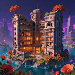 a beautiful very detailed highly detailed abandoned building urbex architecture pharmacy city by eugene boudin, retrowave san andreas vice city water cosmic poppy cgsociety tundra at night flowers studio ghibli architecture island thermal imaging neon noir at fall at dusk assassin's creed, archdaily, wallpaper, highly detailed, trending on artstation.