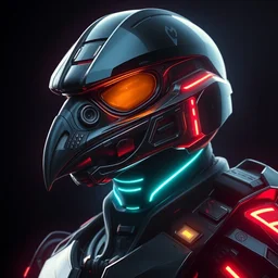 fantasy halo 2 exoskeleton armor, stylized anthropomorphic black bird head with a visible beak. neon, science fiction, light, portrait by donato giancola and greg rutkowski and wayne barlow. 1 9 6 9