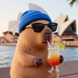 a photorealistic photograph of a knitted cute Capybara wearing sunglasses and dressed in blue beanie cap. The subject is also sipping a refreshing Mai Tai cocktail drink right outside of the Sydney Opera House during sunset. This 4K HD image is Trending on Artstation, featured on Behance, well-rendered, extra crisp, features intricate detail and the style of Unreal Engine.