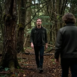 Thom Yorke singer songwriter walking in a forest, a photo by Colin Greenwood, ultrafine detail, chiaroscuro, private press, associated press photo, angelic photograph, masterpiece