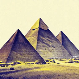 “3 pyramids, colored album art, dot art”