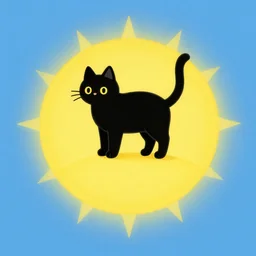 a black cat standing on top of a yellow sun, a storybook illustration by sara saftleven, behance contest winner, nuclear art, sunrays shine upon it, god rays, digital illustration